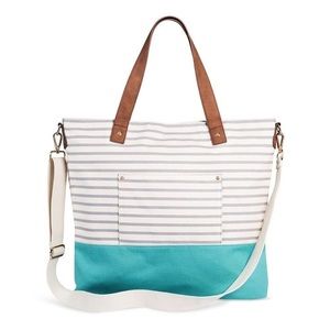 Merona canvas white/gray/aqua striped tote